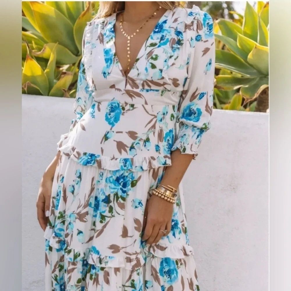 Anthropologie BTFL-life XL Floral  Boho Ruffled Tiered Blue Beige Maxi  Dress